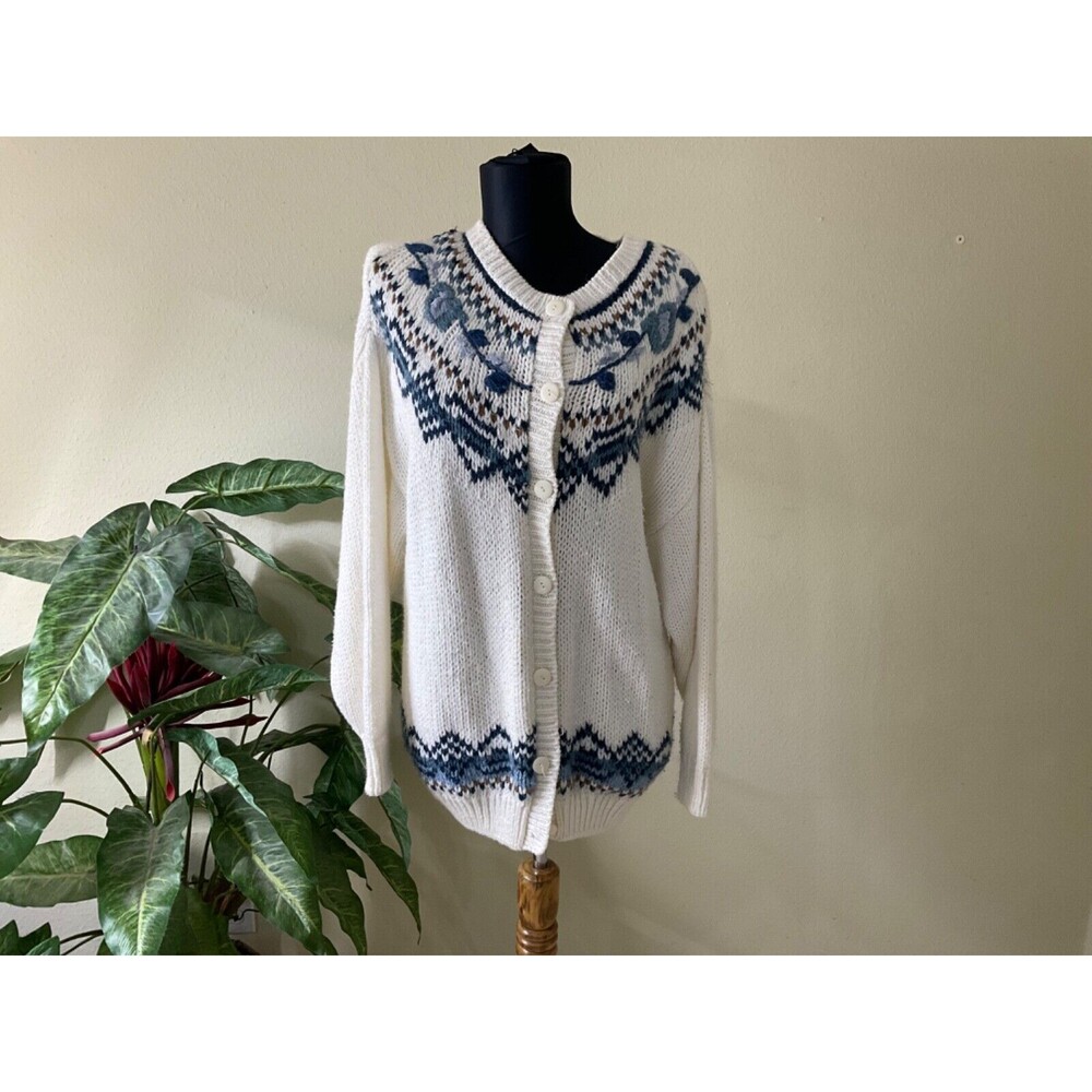 Vintage Backroad Blues Cardigan Sweater women sz. 20 Fair Isle Hand Knitted